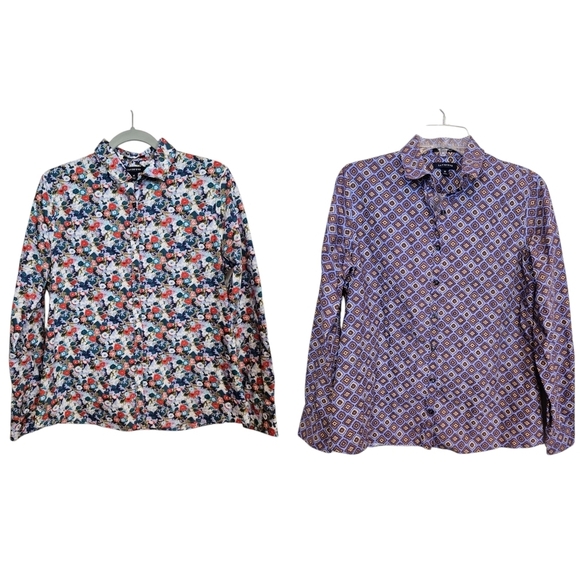 NWOT TWO Lands' End Graphic Retro Printed Button Down No Iron Supima Top - Picture 1 of 8